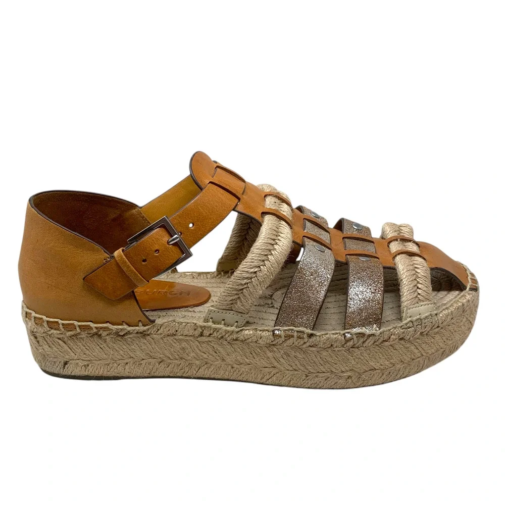 Tory Burch Sz 11 Fisherman Platform Espadrilles Silver/Brandy Leather Nautical